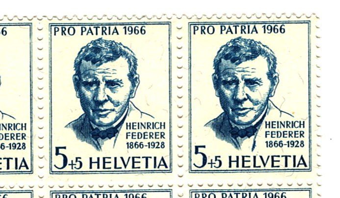 Tutti i francobolli: 8er Block Pro Patria 1966 Heinrich Federer Plattenfehler – Nuovo (secondo la descrizione) da Lichtensteig venduto da B-B-Bier 1