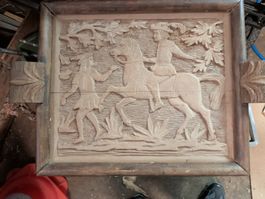 Panneau en bois sculpté, scène équestre vintage!
