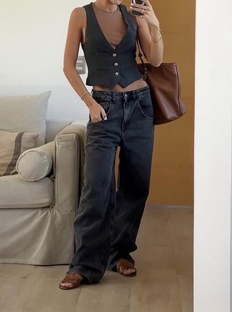 Zara Wide Leg Jeans Dark Grey Used Look Size 34