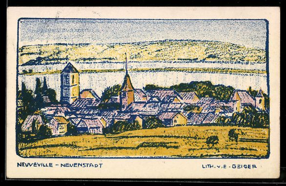 Cartoline postali: Litho Neuveville, Ortsansicht mit Kirche – Usato da Berlin venduto da bartko-reher