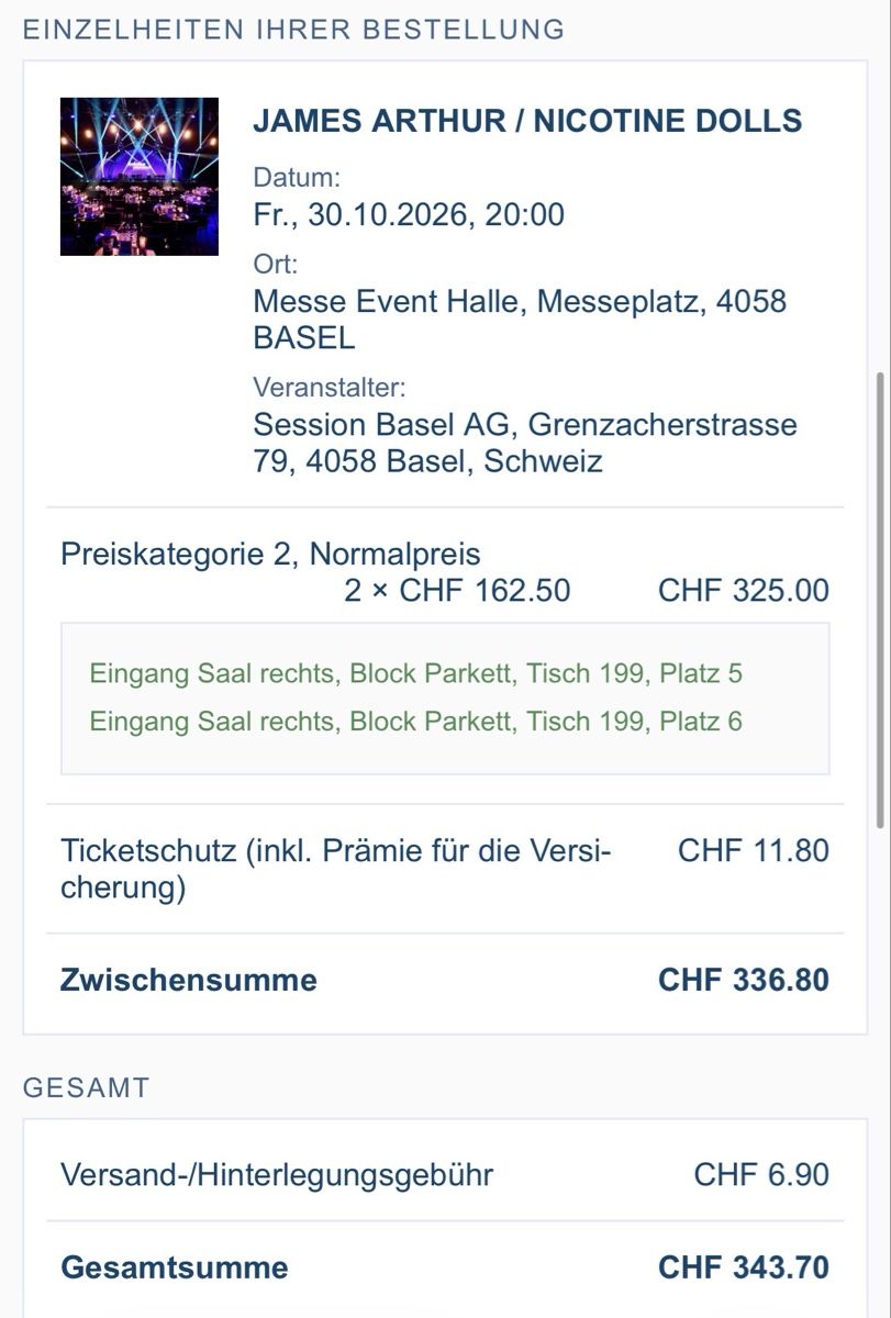 Biglietti: 2 Tickets Baloise Session James Arthur 30.10.2026 – Nuovo e nell'imballaggio originale da Basel venduto da Tabi14 2