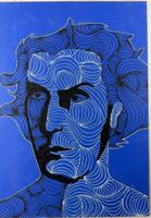 Männer-Porträt, blaue Tinte mit Zeichnung