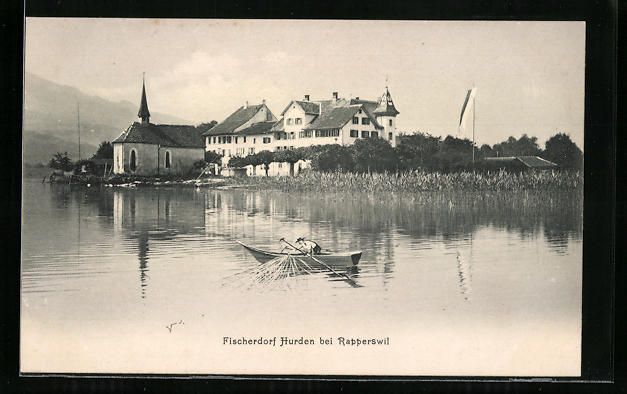 Cartoline postali: Hurden b. Rapperswil, Ufer mit Bootspart – Usato da Berlin venduto da bartko-reher