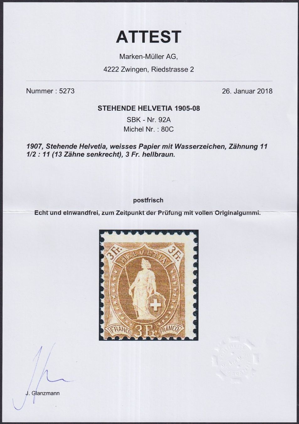 Tutti i francobolli: 92A, Luxusstück ** postf. fehlerfrei mit Attest, Kat: 900.-+ – Usato da Sursee venduto da Luzernerraute 2
