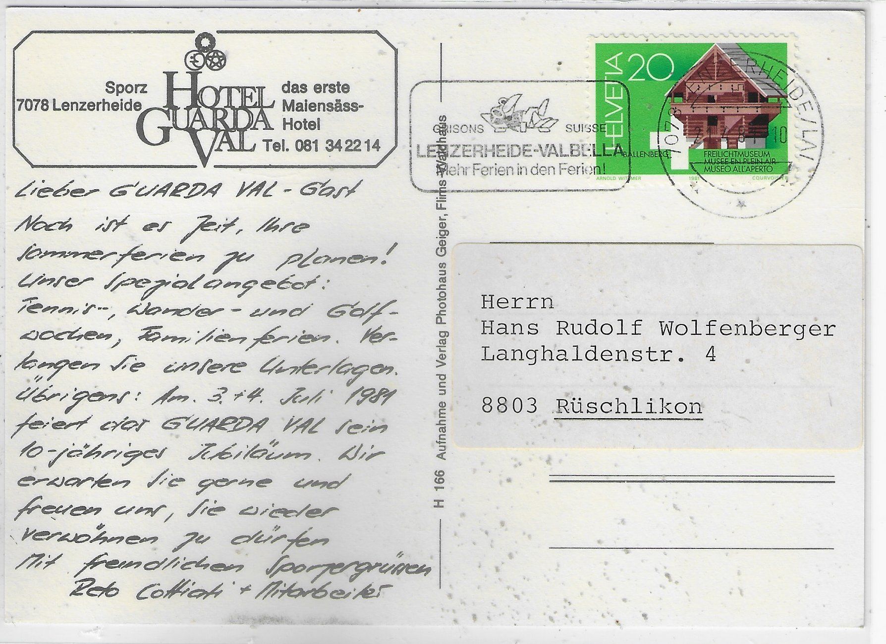 Cartoline postali: Hotel Guarda Val - Sporz Lenzerheide – Usato da Ettingen venduto da Kartenplanet 1