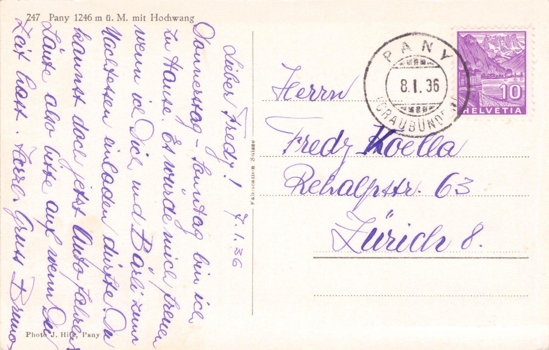 Ansichtskarten: Pany GR // 1936 Hochwang // Winter – Gebraucht aus Basel von intermezzo12 1