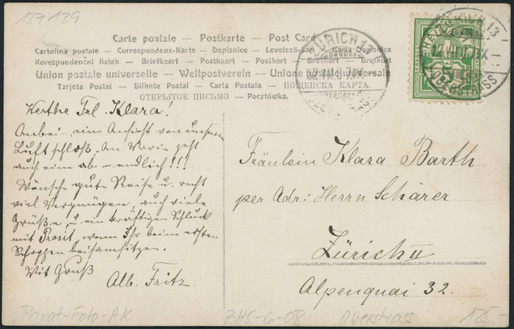 Cartoline postali: ZHS Oberstrass - Zürich – Usato da Schindellegi venduto da stationary 1