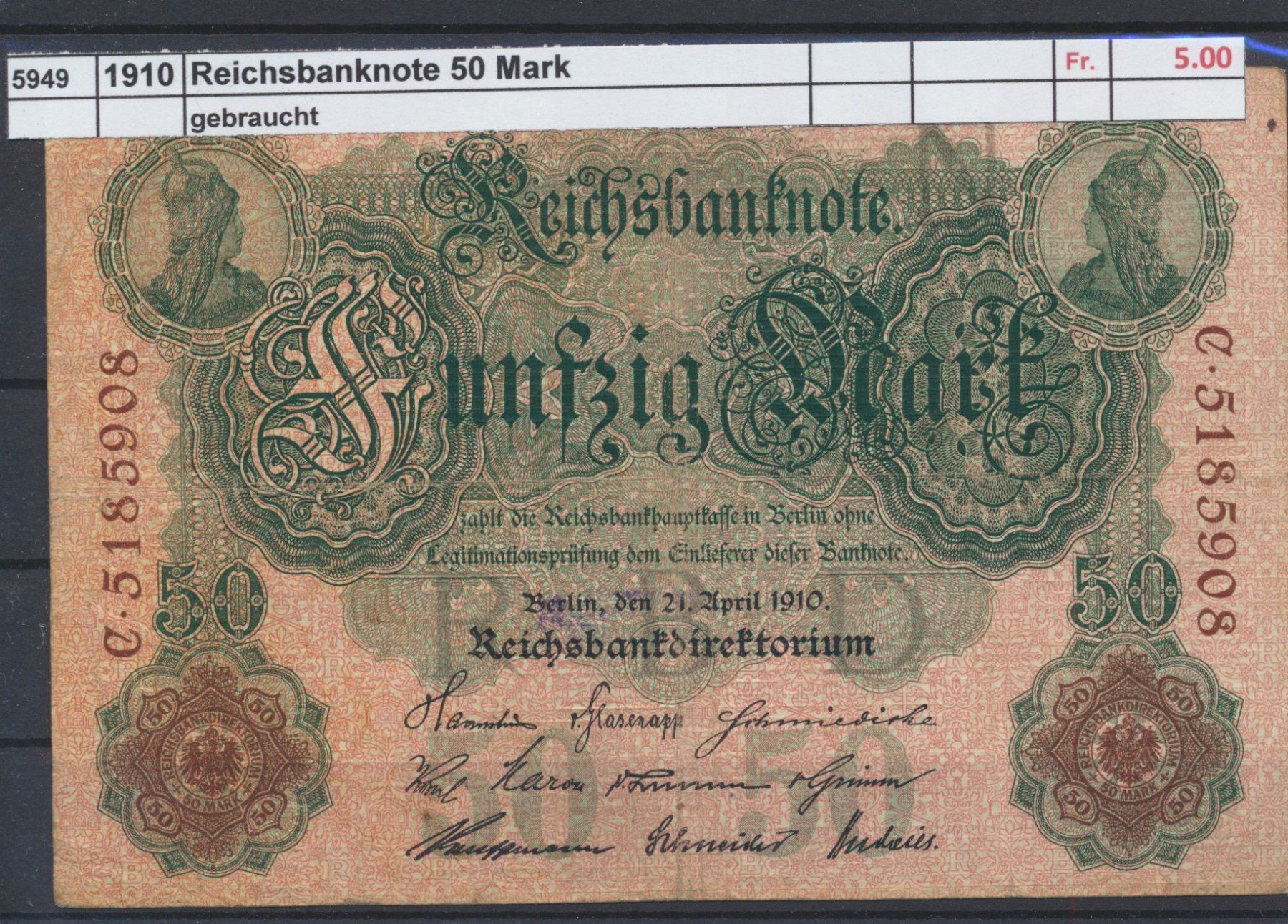 Banknoten: 1910 DR, "50 Mark Reichsbanknote", gebraucht – Gebraucht aus Winterthur von Zupogeru