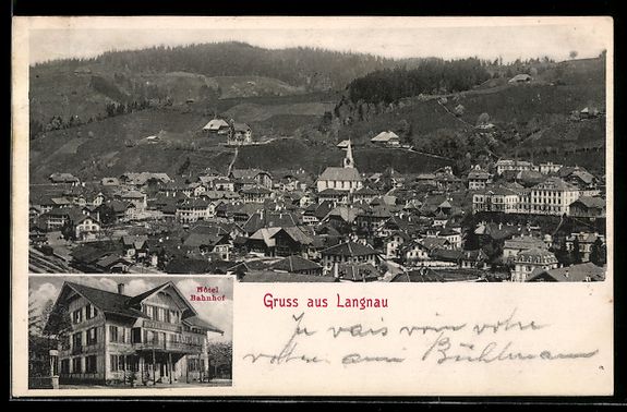 Cartoline postali: Langnau, Hotel Bahnhof und Totalansicht  – Usato da Berlin venduto da bartko-reher