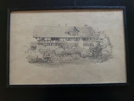 Schöne Zeichnung eines Bauernhauses, gerahmt!