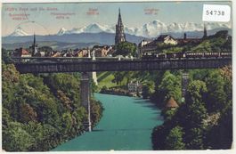 Bern - Eisenbahnbrücke mit Zug und Alpen - Litho