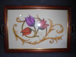 Servierplatte Holz, Blumensujet hinter Glas, Signiert Gio