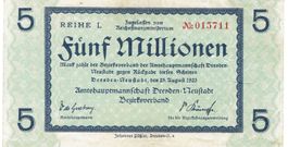 Dresden Neustadt 5 Mil.Mark 25.08.1923 Reihe L SS++-VZ