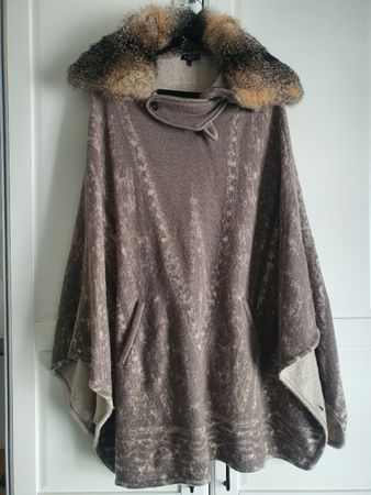 Etro Poncho Wool Alpaca Silver Fox Fur Brown Size L
