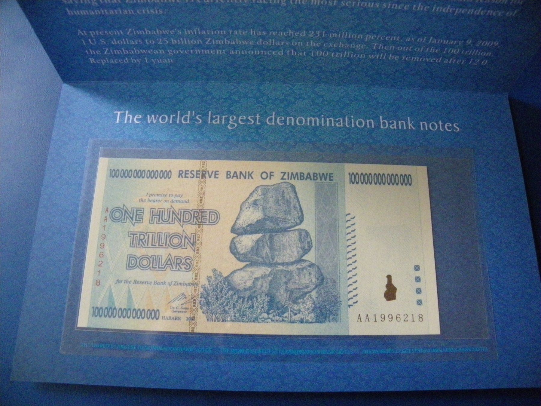 Banconote: Zimbabwe 100 Trillion Dollars 2008, P-91, Uncirculated – Nuovo e nell'imballaggio originale da Untersiggenthal venduto da Gas61