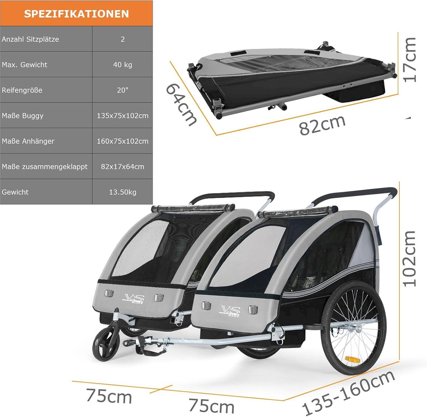 Rimorchi per biciclette: Tiggo VS 2 in 1 Kinderanhänger Grau – Nuovo e nell'imballaggio originale da Bottighofen venduto da zaap 7