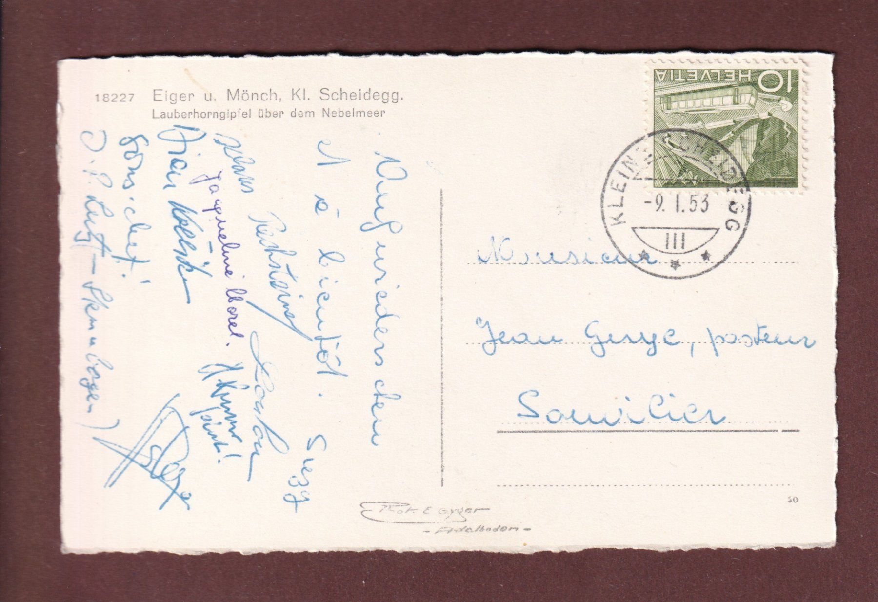 Cartoline postali: KLEINE SCHEIDEGG - Eiger und Mönch - 1953 – Usato da Pully venduto da nicecards-shop 1