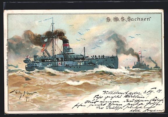 Ansichtskarten: Stoewer: Kriegsschiff S. M. S. Sachsen a – Gebraucht aus Berlin von bartko-reher