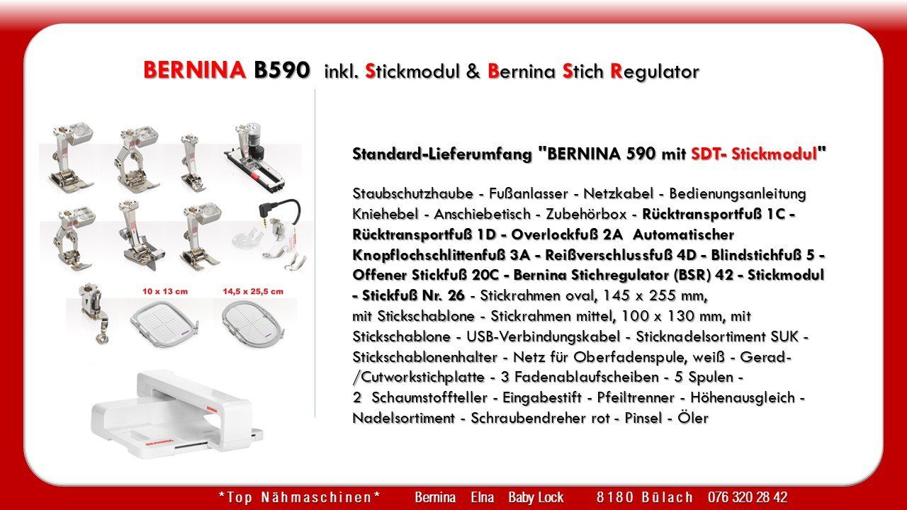 Bernina Macchine da cucire: Bernina 590 inkl. SDT- Stickmodul & BSR – Nuovo e nell'imballaggio originale da Bülach venduto da topnaehmaschinen 3