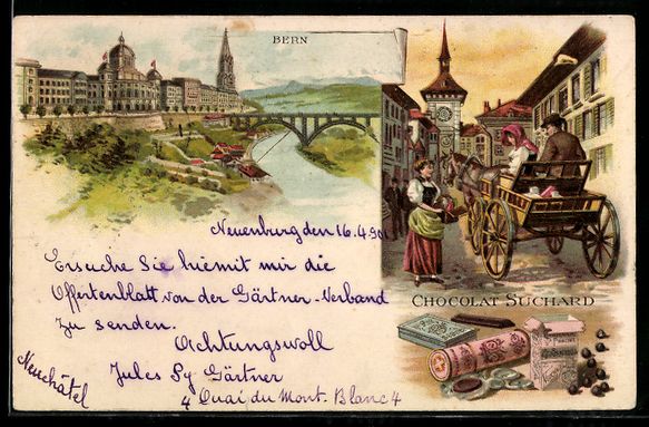 Cartoline postali: Litho Bern, Händler mit Chocolat Suchar – Usato da Berlin venduto da bartko-reher