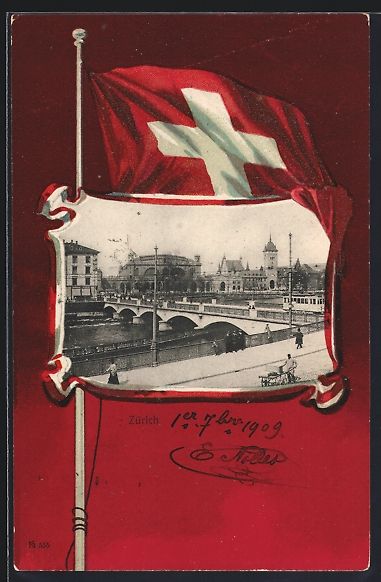 Cartoline postali: Litho Zürich, Brücke mit Strassenbahn, – Usato da Berlin venduto da bartko-reher