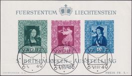 1949, LIECHTENSTEN, W23 Blockausgabe +drei ET-Stempel, 200.-