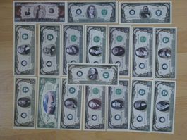 Alte US-Banknoten 18x Repliken, Jahrgänge 1817-1956, Neu