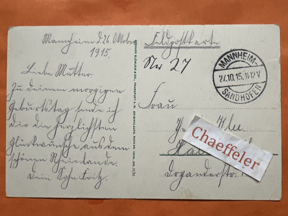 Cartoline postali: 1915 Mannheim 1915 – Usato da Zürich venduto da Chaeffeler 1