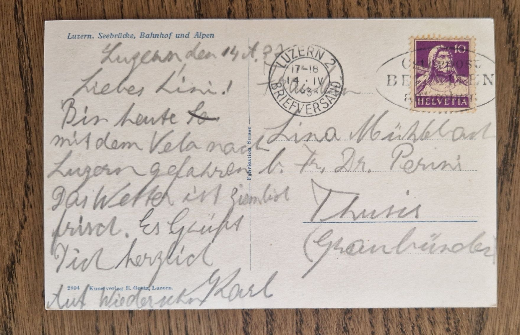 Ansichtskarten: Luzern Seebrücke, n. Thusis 1933 – Gebraucht aus Ebikon von Donar50 1