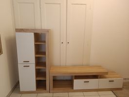 Meuble TV et vitrine LIPO, bois et blanc, très bon état