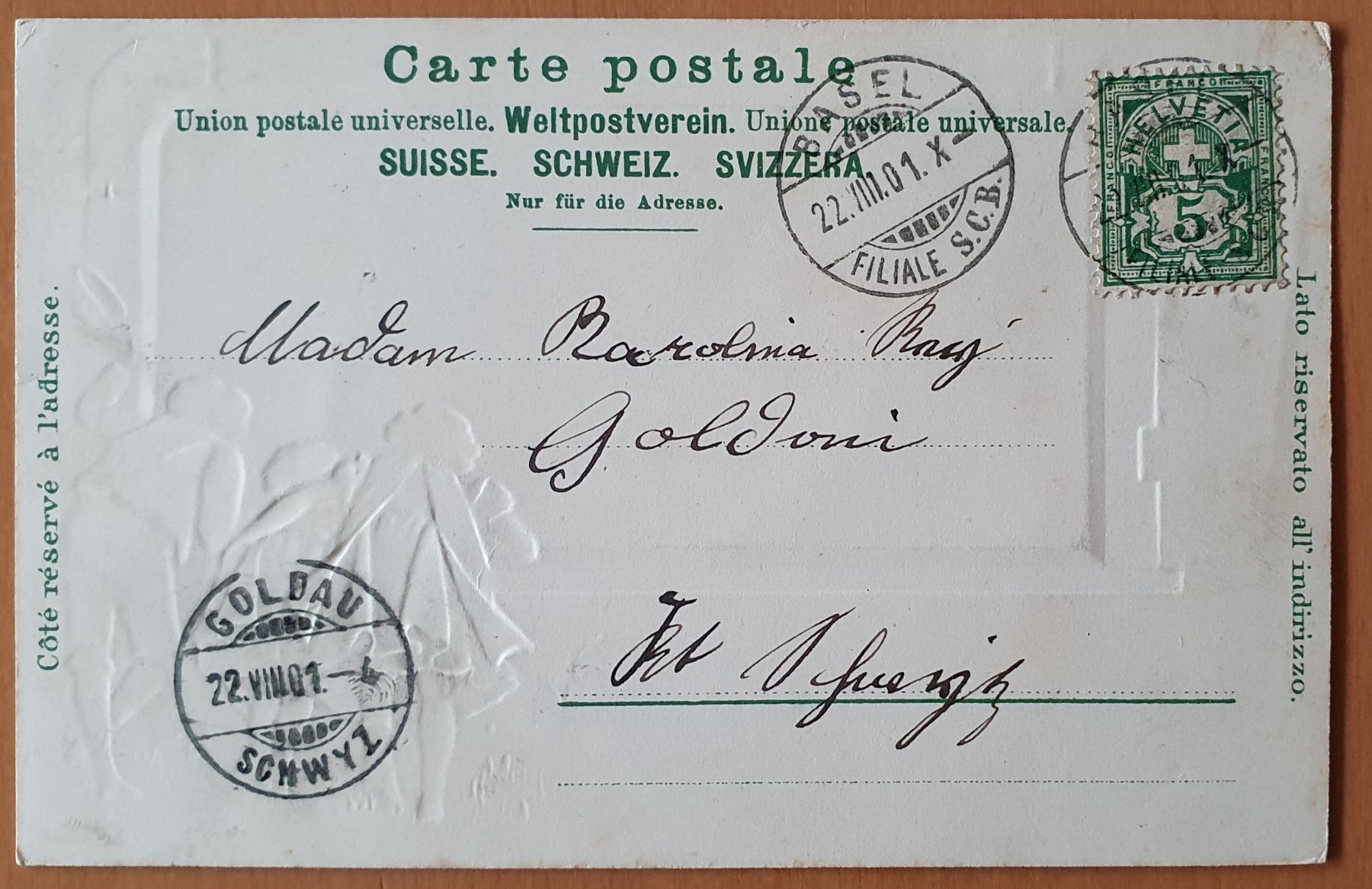 Ansichtskarten: Prägekarte - Gruss aus Basel 1901 – Gebraucht aus Kreuzlingen von Rschweiz1 1