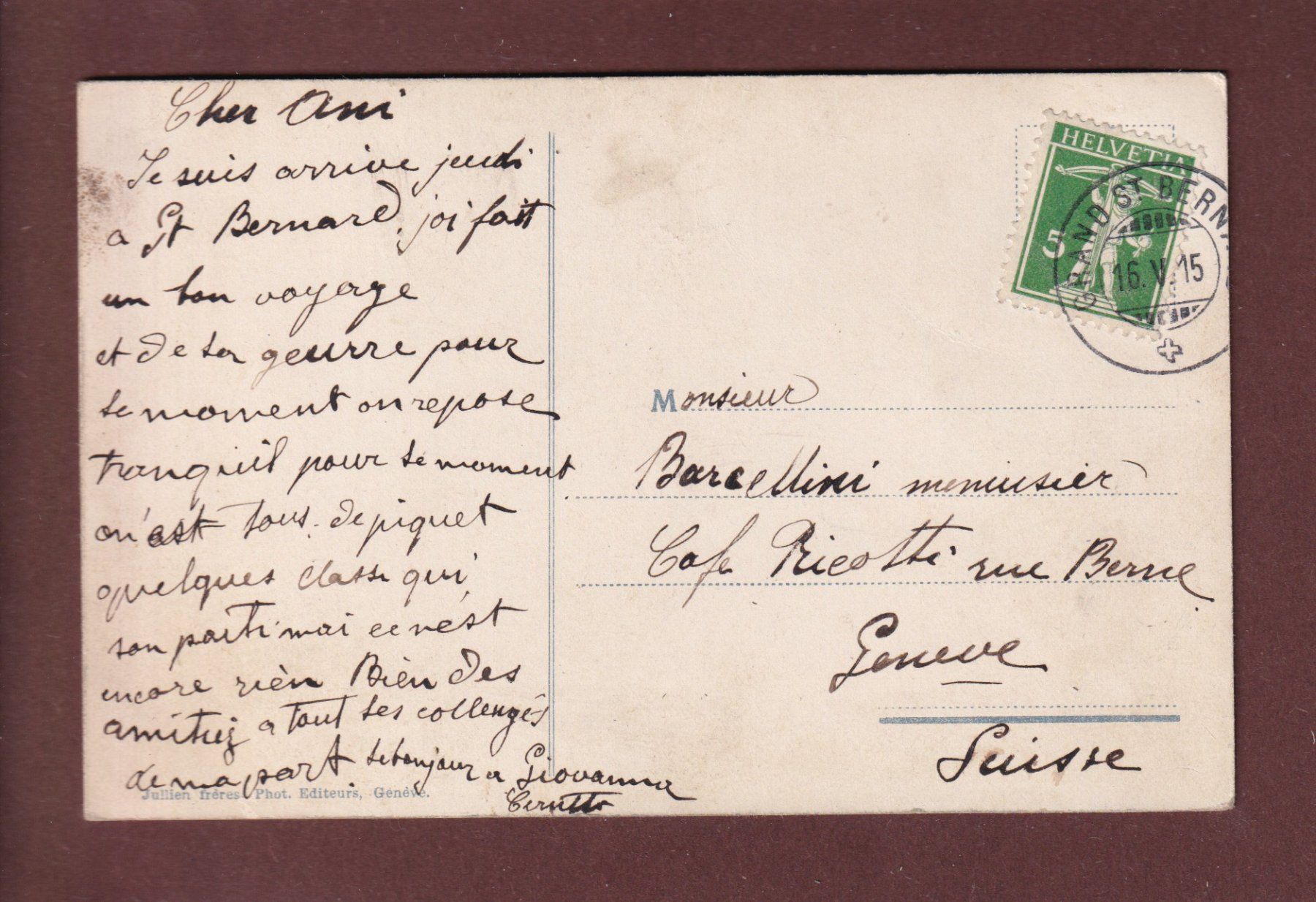 Cartoline postali: Hospice du GRAND-SAINT-BERNARD - 1915 – Usato da Pully venduto da nicecards 1