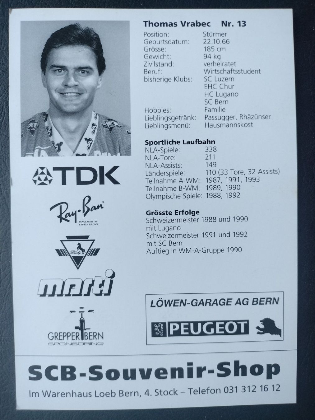 Autografi: Autogrammkarte SC Bern, SCB , Thomas Vrabec – Usato da Schwanden Sigrisw venduto da cadieux71 1