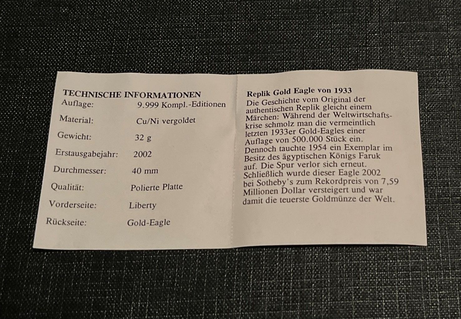 Tutti le monete: Replik Gold Eagle von 1933 / Nummer 08645 von 9999 – Nuovo e nell'imballaggio originale da Emmenbrücke venduto da inf_9dkq 2