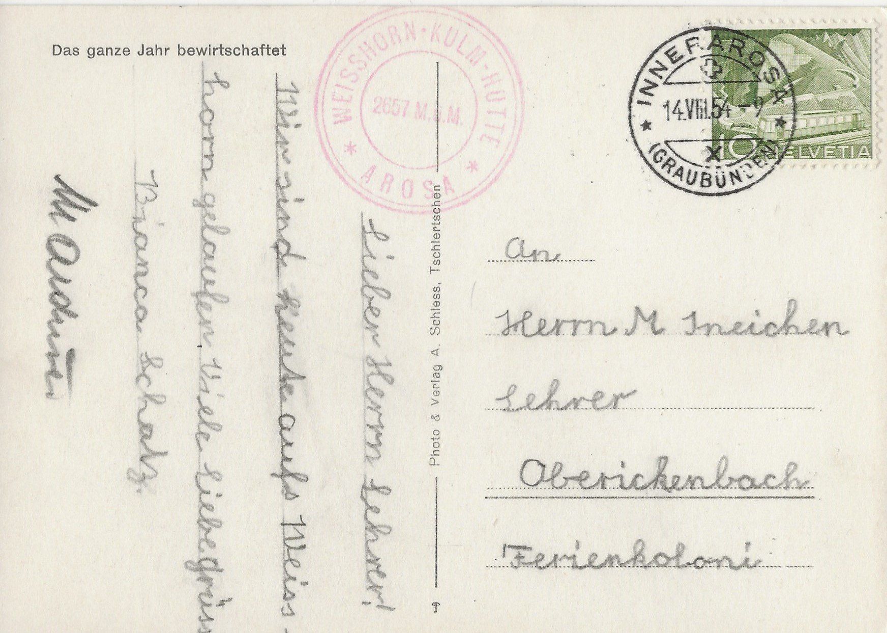 Cartoline postali: Inner-Arosa, Weisshorn, 1954 – Usato da Frauenfeld venduto da Merk52 1