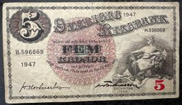 Seltener 5 Kronen Schein von 1947, Schweden, Top Zustand!