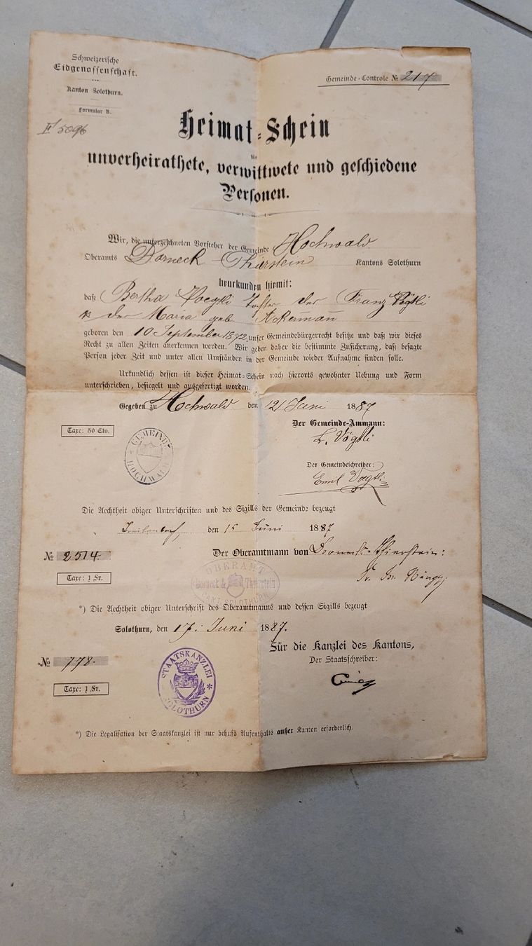 Dokumente: Heimat Schein Hochwald 1887 – Gebraucht aus nunningen von