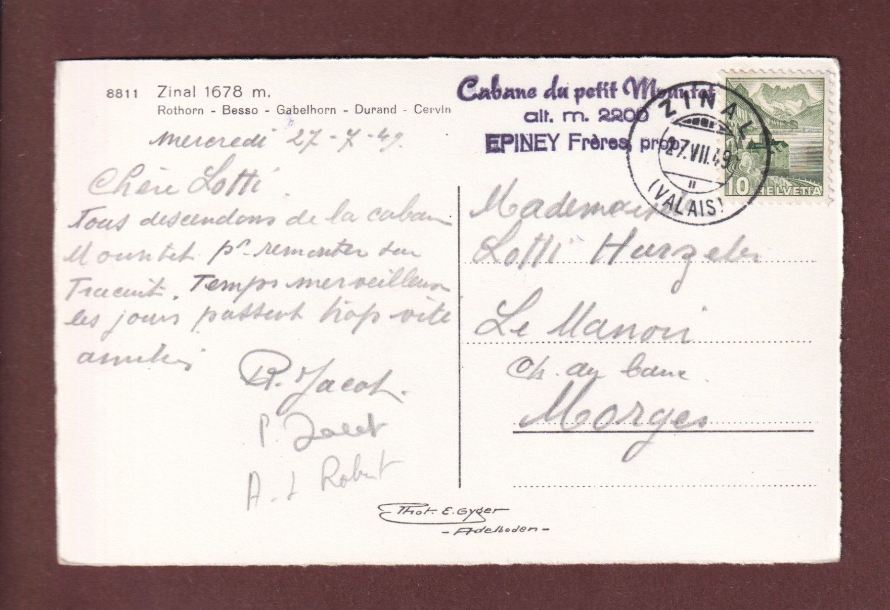 Cartes postales: ZINAL - 1949 – D'occasion à Pully par nicecards-shop 1