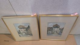 2er Set Aquarellbilder Franz Kohler, Stadtansicht 24x17.5cm