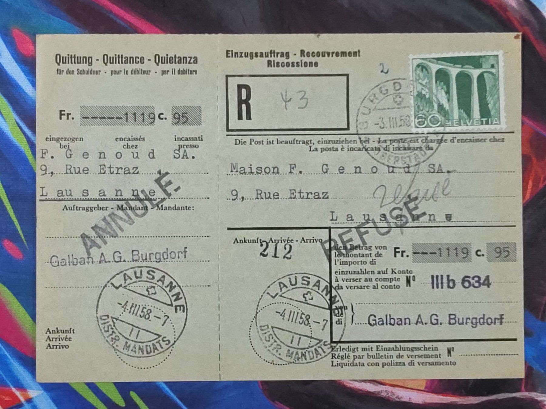 Tutti i francobolli: CL26 Document + Timbre Suisse 1958 – Usato da Cousset venduto da Patrick_Collections