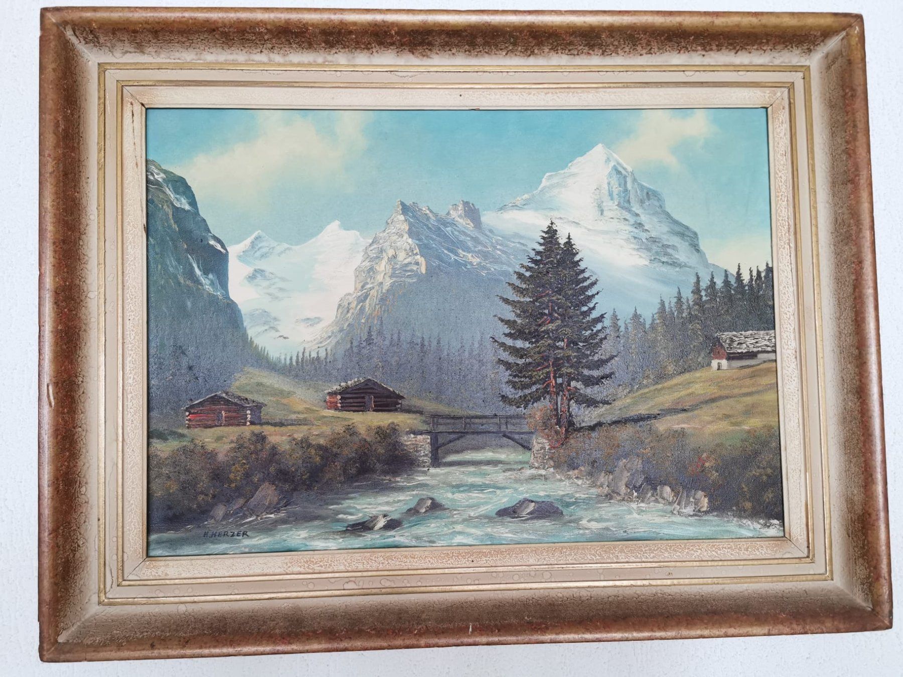 Dipinti: Berglandschaft mit Fluss, H. Herzer Ölgemälde – Usato da Strengelbach venduto da Ptahiti