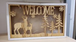 Winter Deko Holz Rentier Welcome Schild mit Beleuchtung