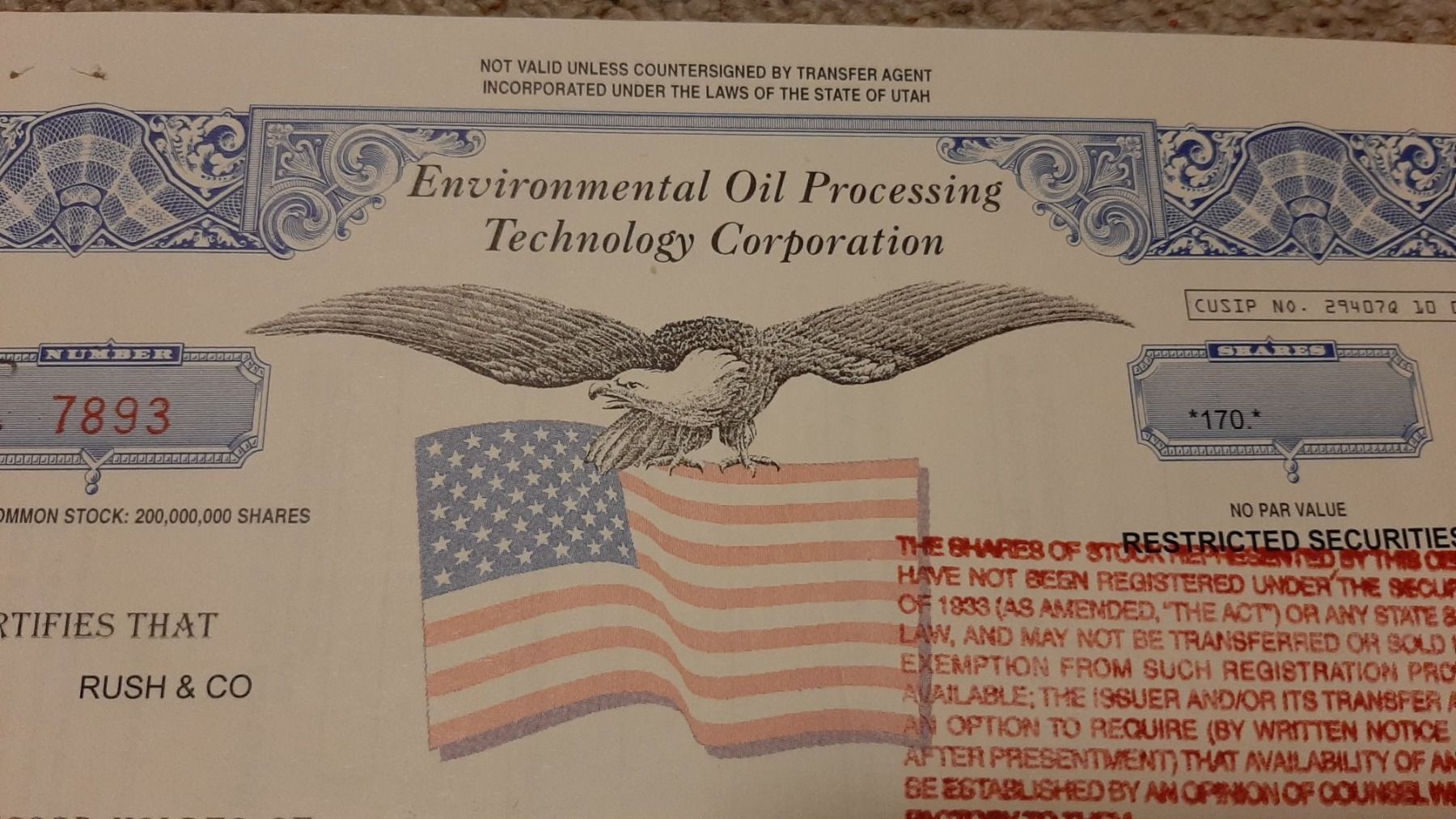 Documenti: Aktie Environmental Oil Processing – Usato da Porza venduto da ulletta1 1