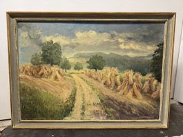 Schönes Ölgemälde „Ernte auf Titterterfeld BL“ Hans Weber