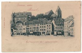 Gruss aus Basel, Barfüsserplatz, Kirche, gelaufen 1902