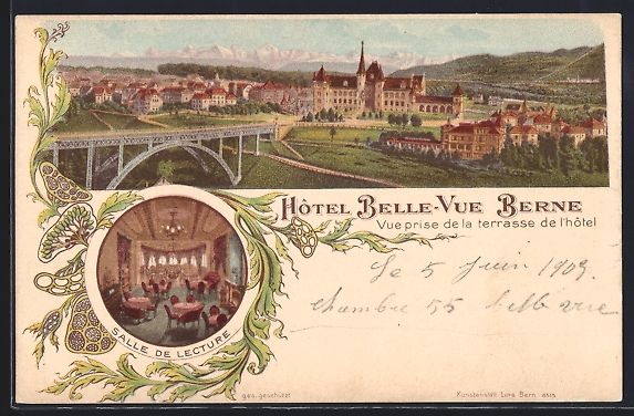 Cartoline postali: Bern, Hotel Belle-Vue, Salle de Lecture, – Usato da Berlin venduto da bartko-reher
