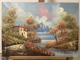 Ölgemälde auf Leinwand – mediterrane Seelandschaft –signiert