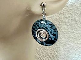 Vintage Ohrstecker Schneeflockenobsidian & Silber-Spiralen