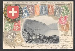 Montreux Prägekarte mit Wappen und Briefmarken