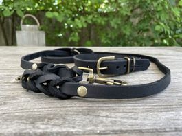 Hundehalsband- & Leinenset Leder schwarz NEU - XS